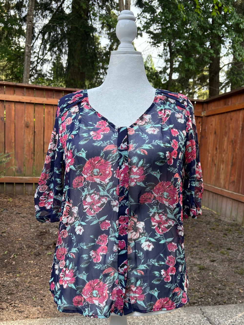 Skies Are Blue Navy Floral V-Neck Sheer Blouse with Rose Print